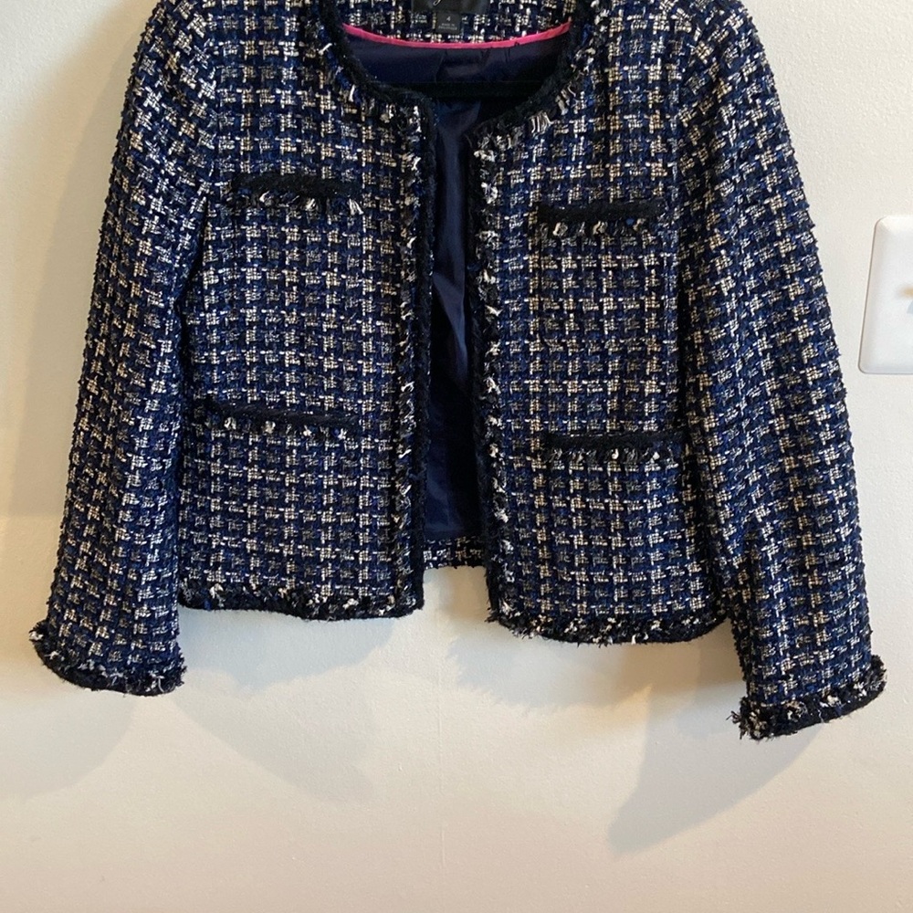 Lady Tweed Blazer Jacket Metallic Houndstooth Navy Blue Black White 4